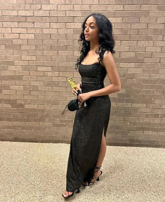 Sleek Midi Spaghetti Strap Sleeveless Plain Back Maxi Length Formal Evening Dress