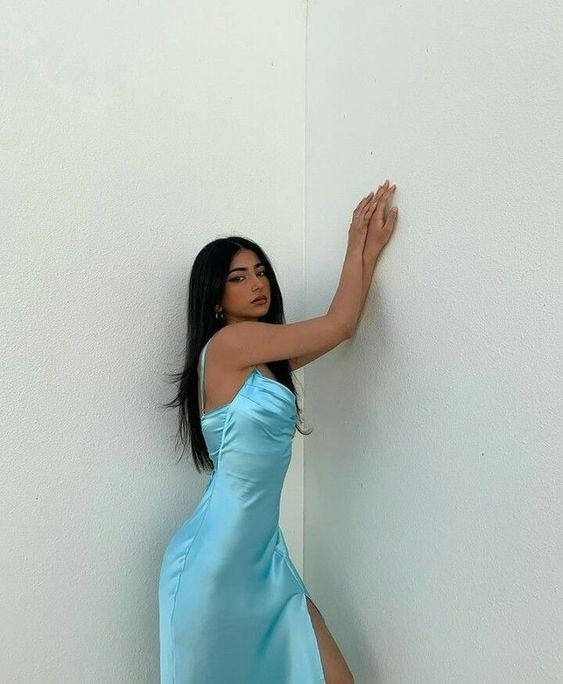 Sleek Sheath Cowl Neck Spaghetti-Strap Open Back High-Slit Midi Evening Dress