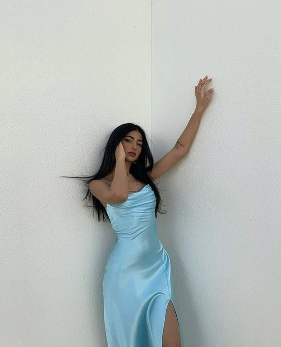 Sleek Sheath Cowl Neck Spaghetti-Strap Open Back High-Slit Midi Evening Dress