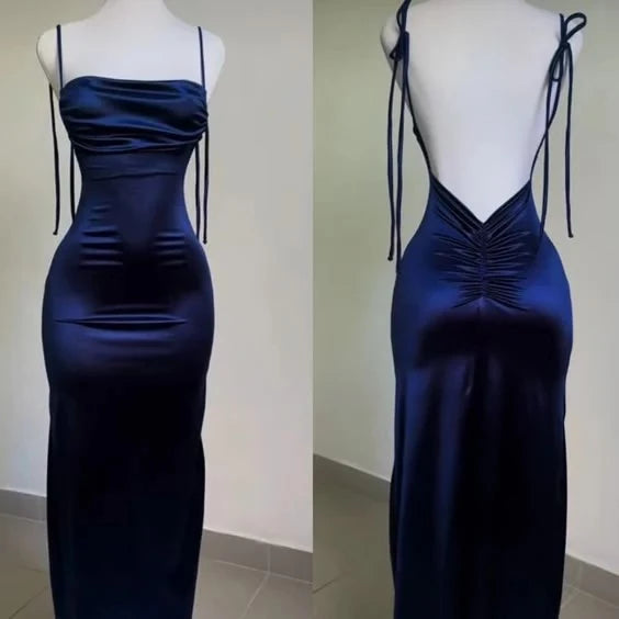 Sleek Sheath Cowl Neck Spaghetti-Strap Ruched Open Back Satin Maxi Evening Dress