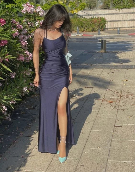 Sleek Sheath Scoop Neck Spaghetti-Strap Lace-Up Back Ruched High-Slit Satin Maxi Evening Dress