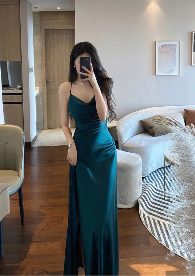 Sleek Sheath Spaghetti-Strap Cowl-Neck Ruched-Bodice High-Slit Maxi-Length Evening Dress
