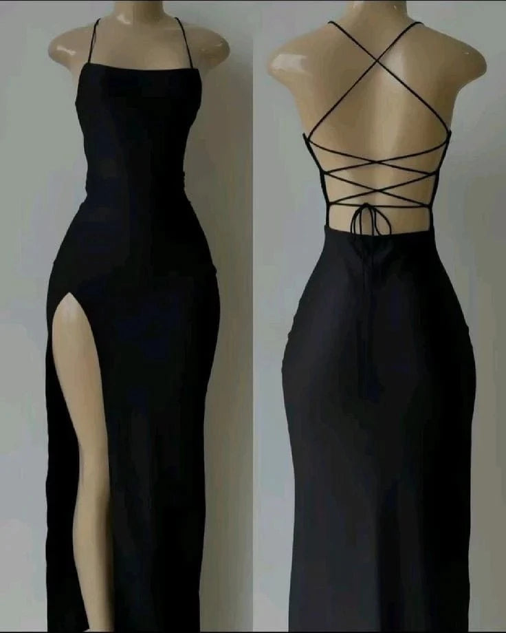 Sleek Sheath Square Neck Spaghetti-Strap Lace-Up Back High-Slit Maxi Evening Dress