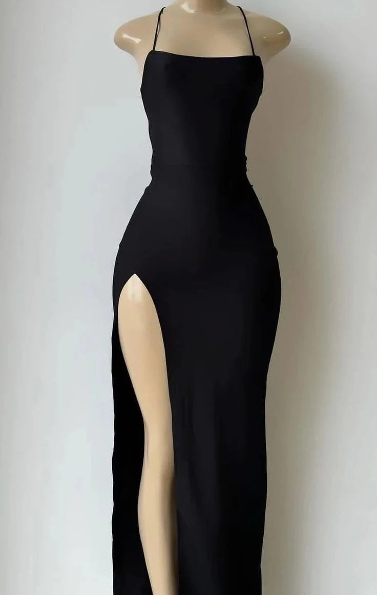 Sleek Sheath Square Neck Spaghetti-Strap Lace-Up Back High-Slit Maxi Evening Dress