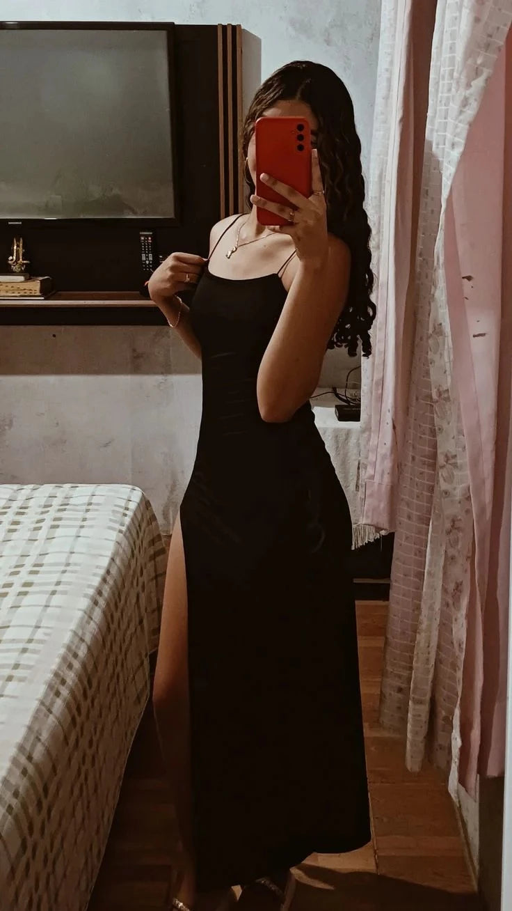 Sleek Sheath Square Neck Spaghetti-Strap Open Back High Slit Maxi Evening Dress