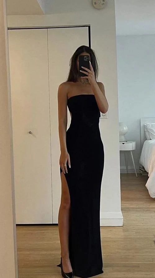 Sleek Sheath Strapless Neck Sleeveless Open Back High Slit Floor Length Evening Dress