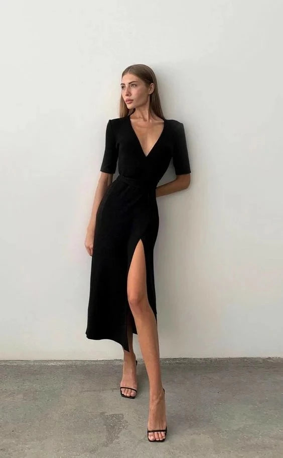Sleek Sheath V-Neck Elbow-Sleeve Zipper-Back Slit-Detail Midi-Length Cocktail Prom Dress