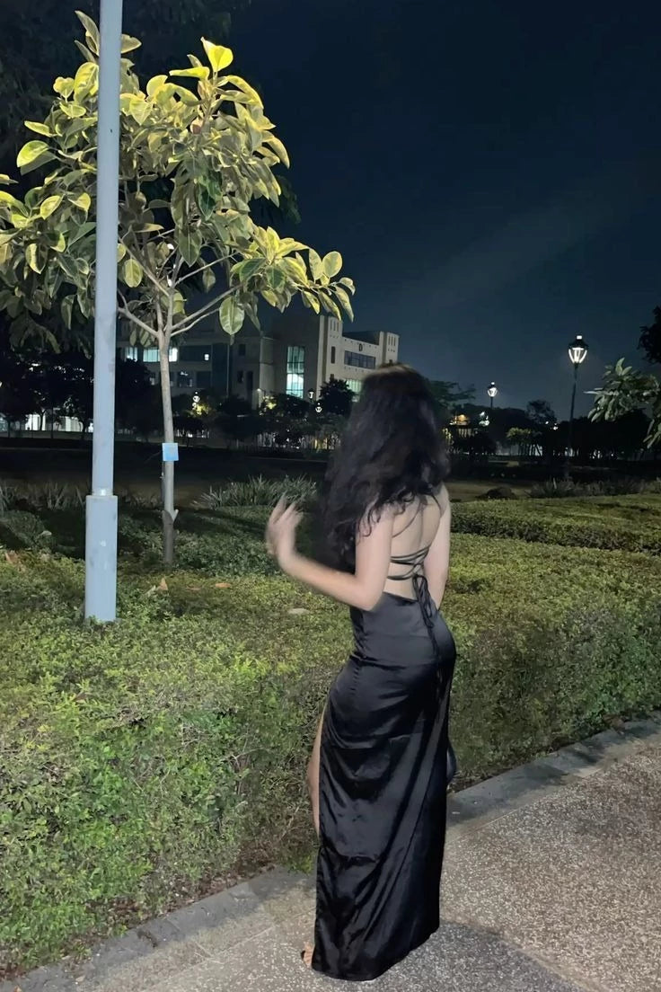 Sleek Sheath V-Neck Sleeveless Lace-Up Back Satin Maxi Evening Dress