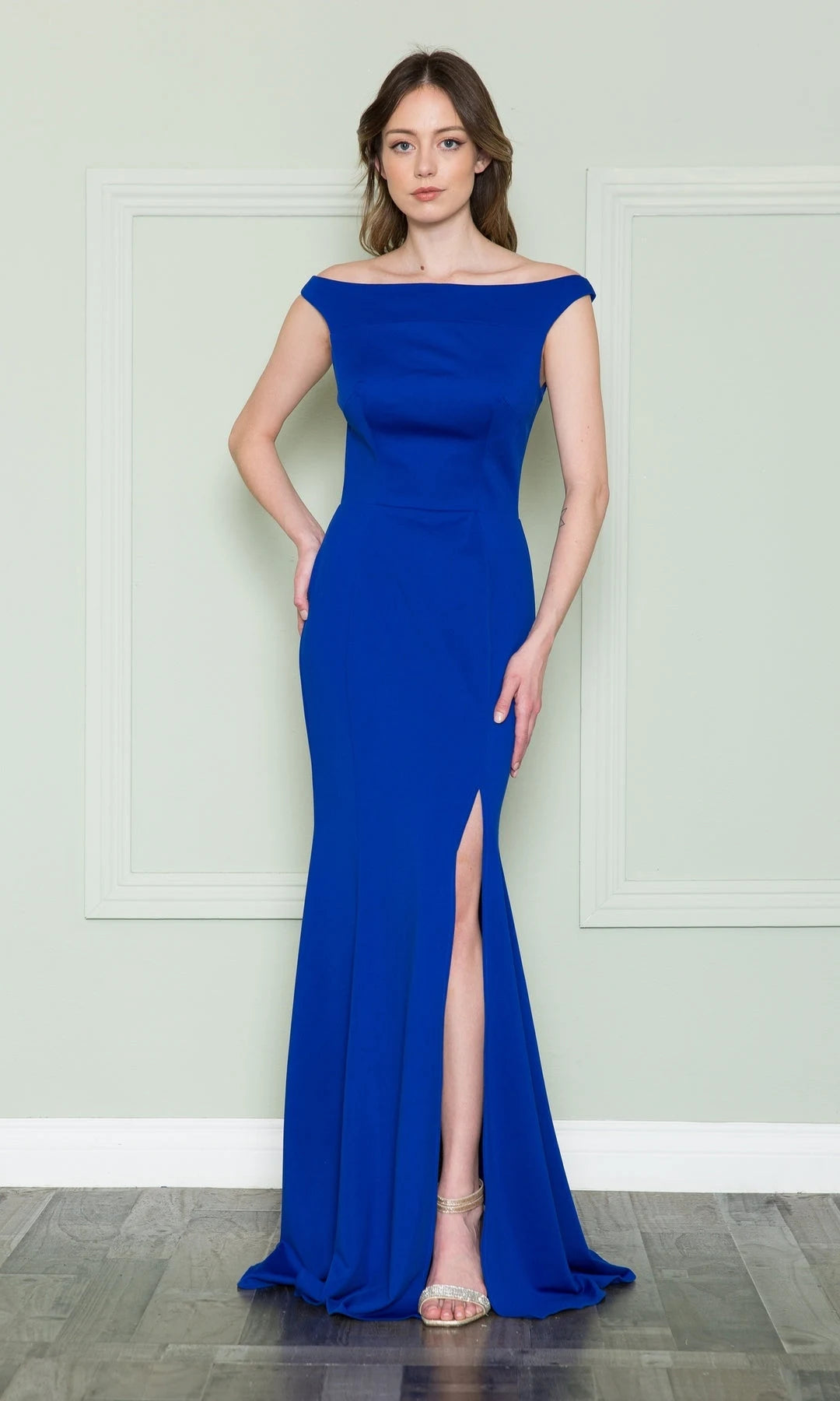 Sleek Fitted Bateau Sleeveless Slit Evening Blue Maxi Prom Dresses Women