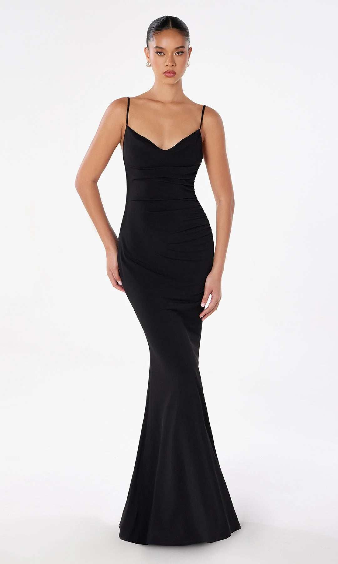 Sleek Fitted Cowl Sleeveless Ruched Backless Black Long Prom Dresses Gown