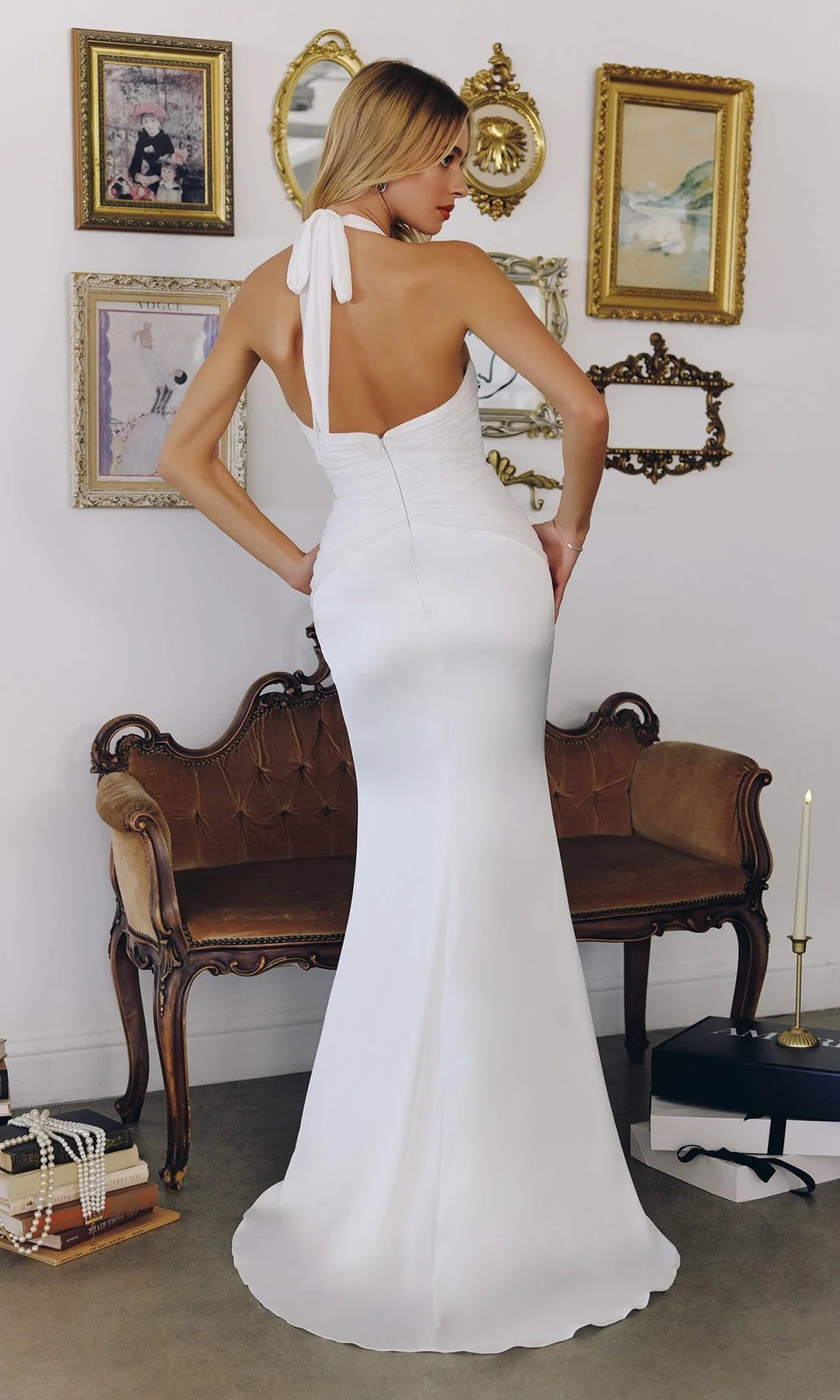 Sleek Mermaid Halter Sleeveless Ruched Backless White Long Prom Dresses Women