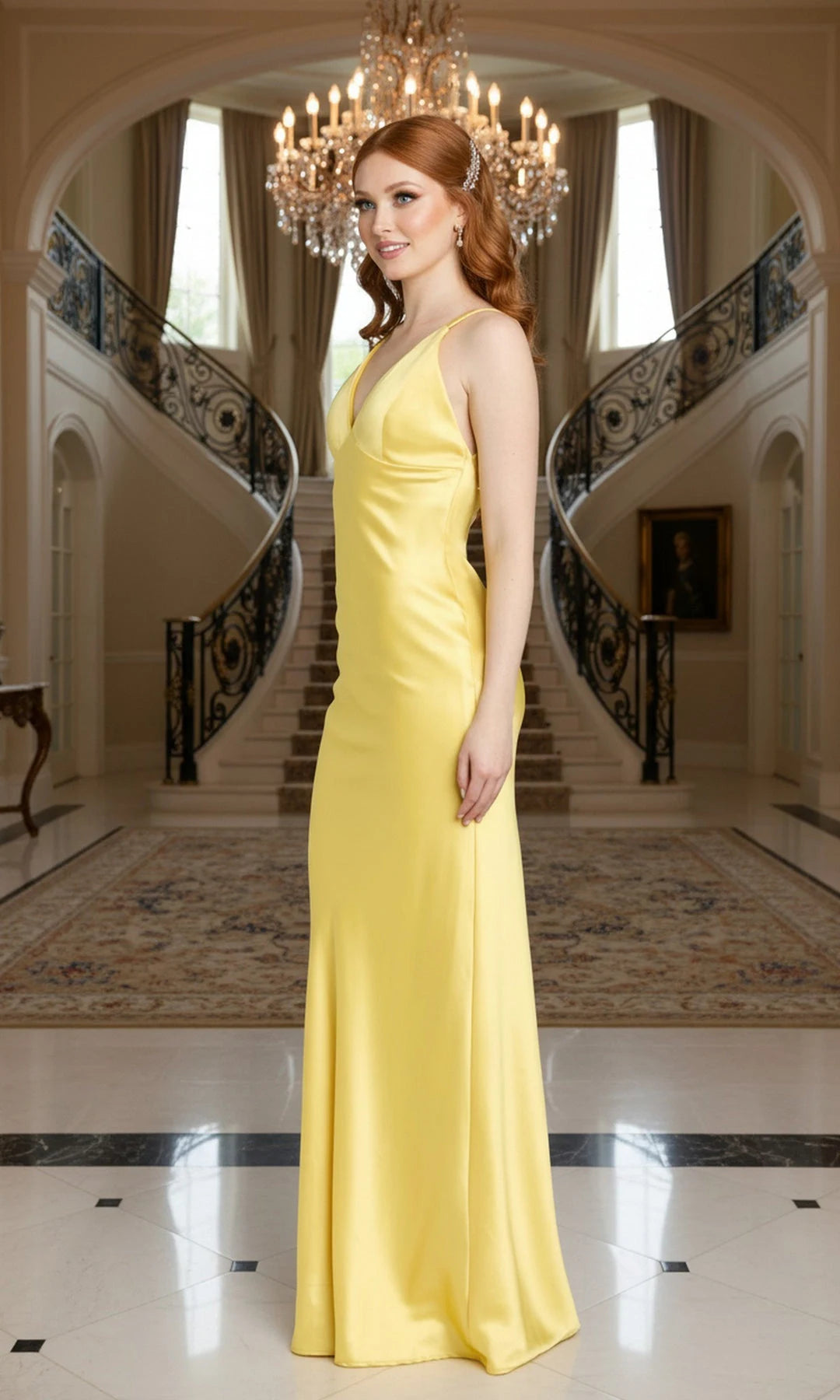 Sleek Sheath V-Neck Sleeveless Backless Strappy Yellow Long Prom Dresses Gown