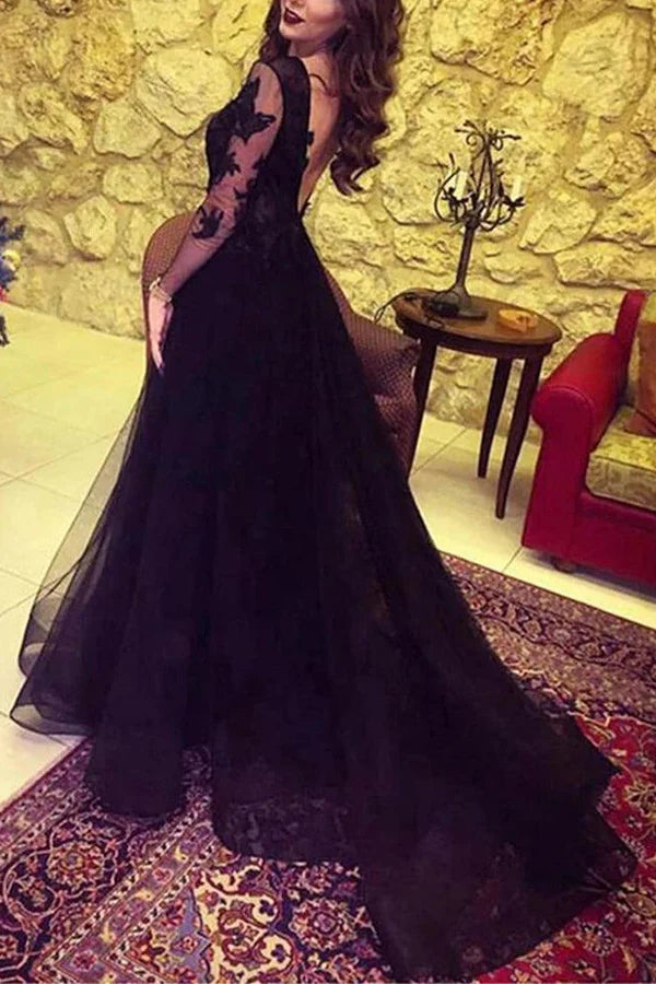 Wholesa Glamorous Lace Black Long-Sleeve formal dresses Prom Dress Evening Dress With Slit