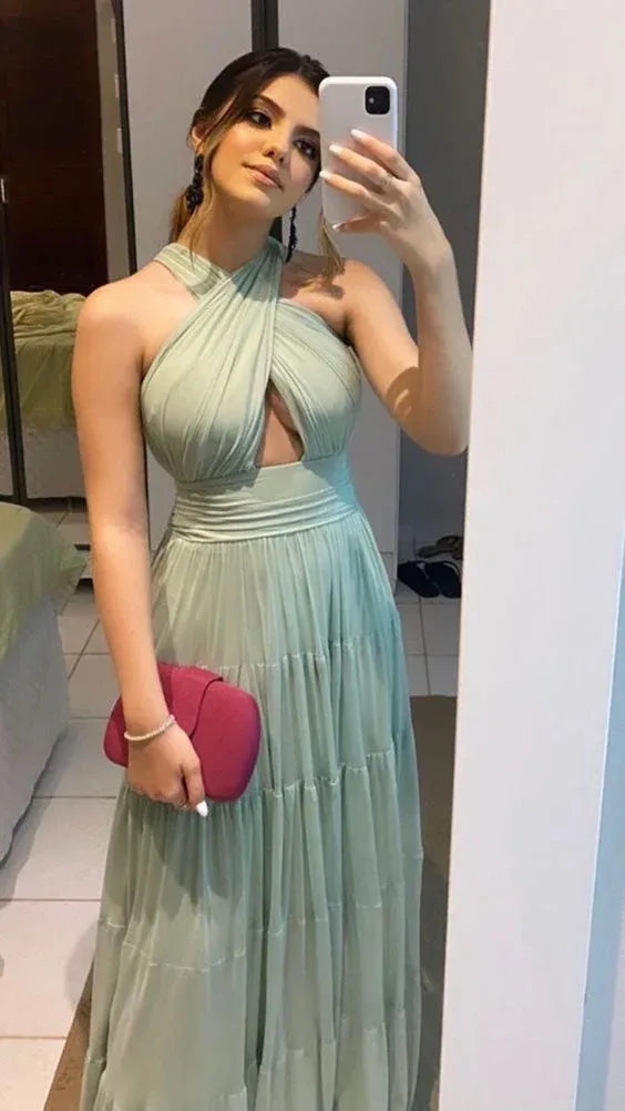 Soft A-Line Halter Neck Sleeveless Cut-Out Tiered Floor Length Formal Evening Dress