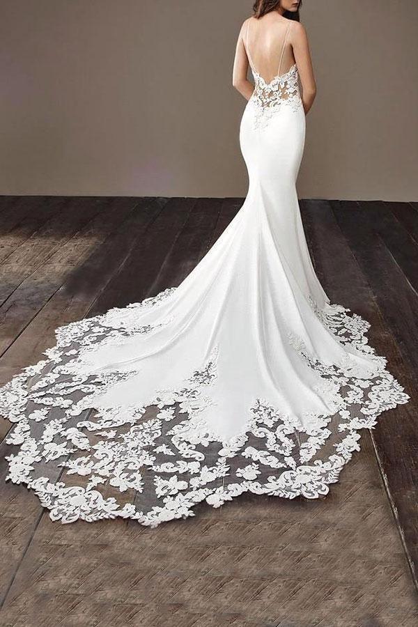 Wholesa Mermaid Spaghetti Strap Backless Applique Fitted Wedding Dresses