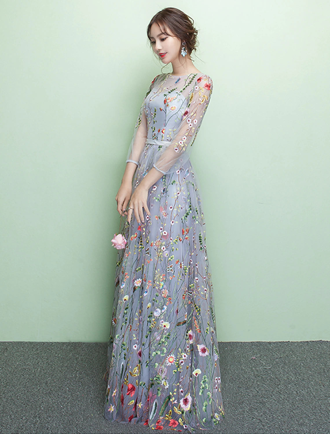 Elegant A-Line formal evening dress with sparkling lace details.