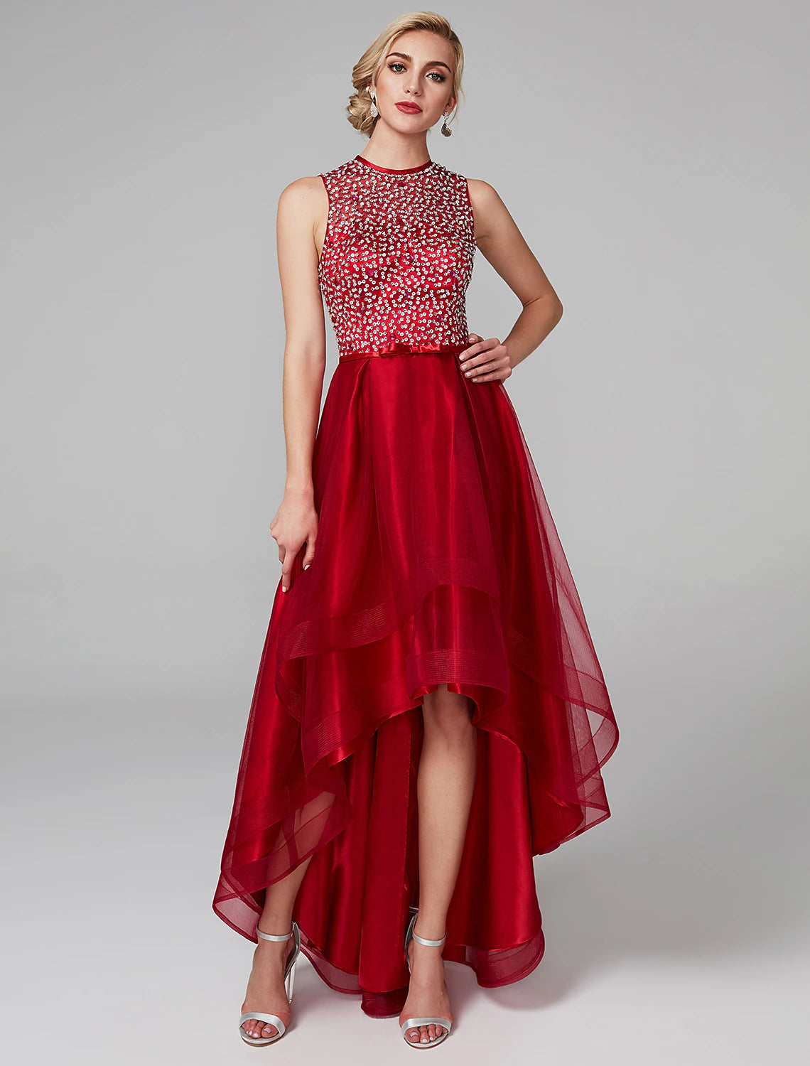 Sparkling A-Line Jewel Neck Asymmetrical Sequin Cocktail Party Dress.