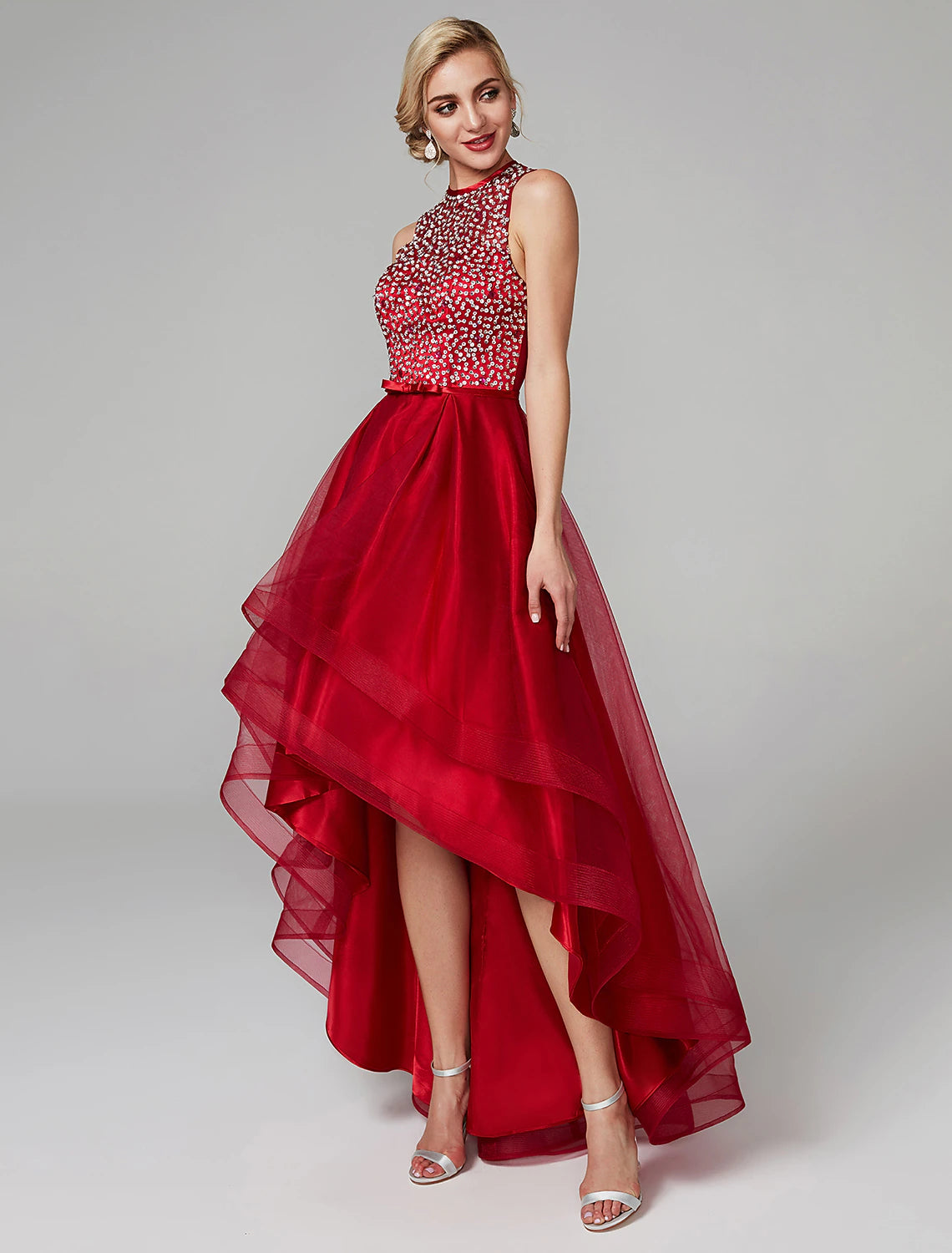 Sparkling A-Line Jewel Neck Asymmetrical Sequin Cocktail Party Dress.