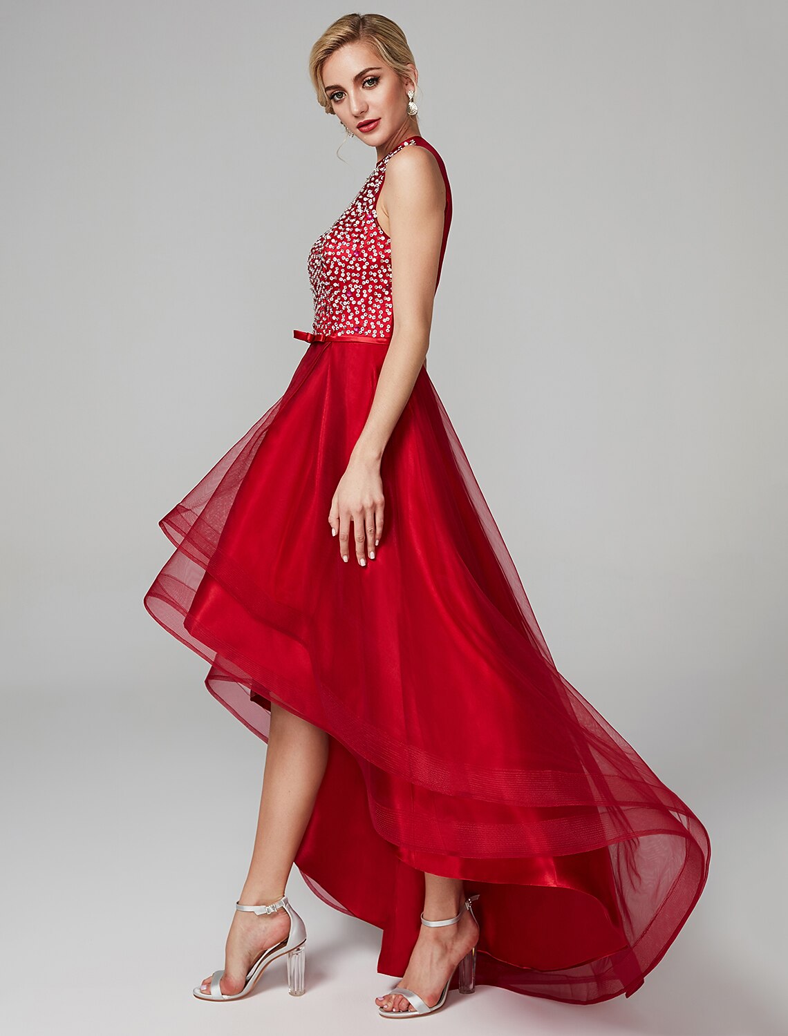 Sparkling A-Line Jewel Neck Asymmetrical Sequin Cocktail Party Dress.
