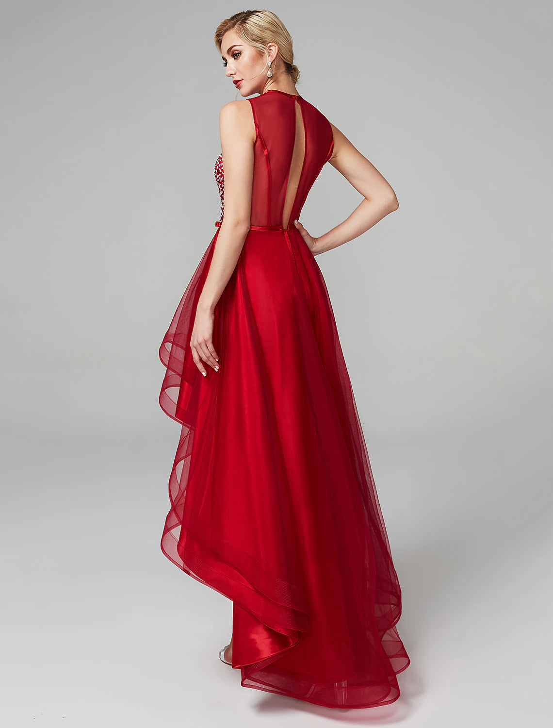 Sparkling A-Line Jewel Neck Asymmetrical Sequin Cocktail Party Dress.