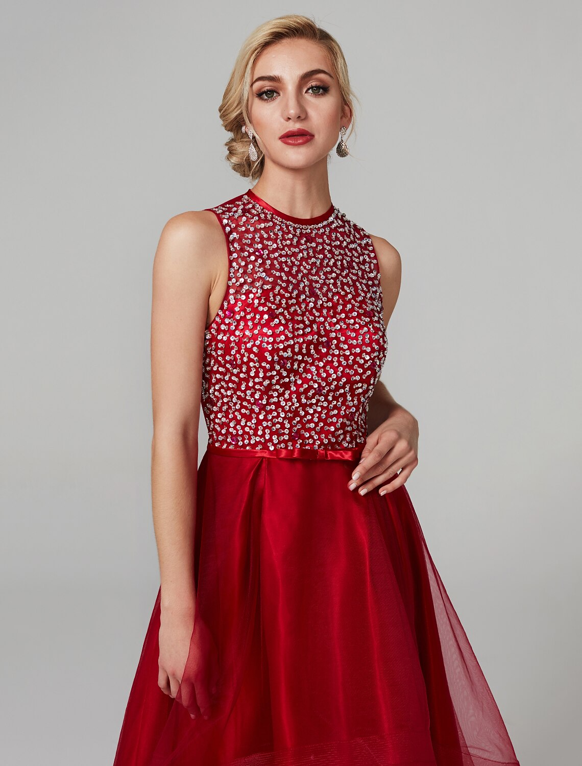 Sparkling A-Line Jewel Neck Asymmetrical Sequin Cocktail Party Dress.