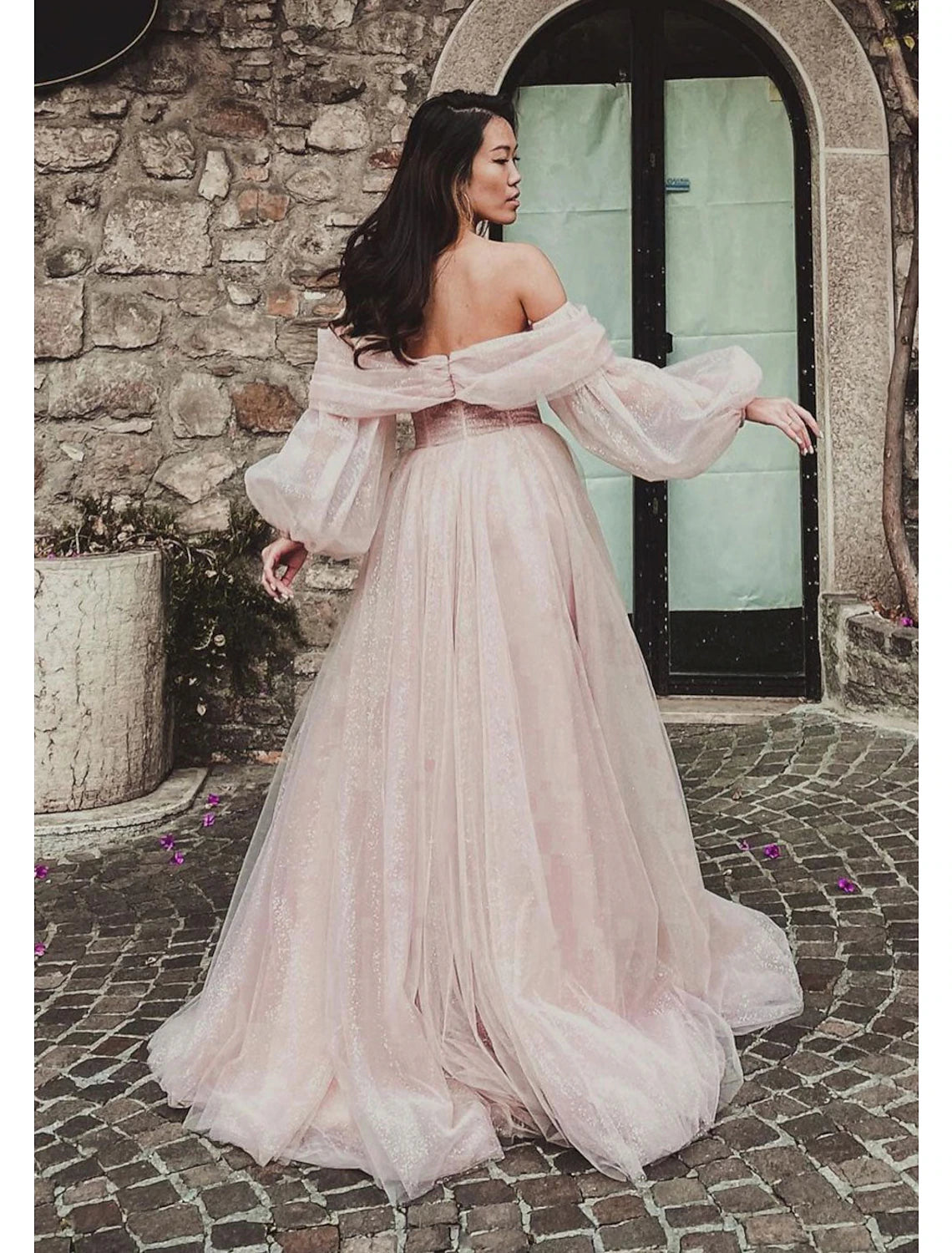 Blue Sparkling A-Line Off-Shoulder Long Sleeve Prom Gown.