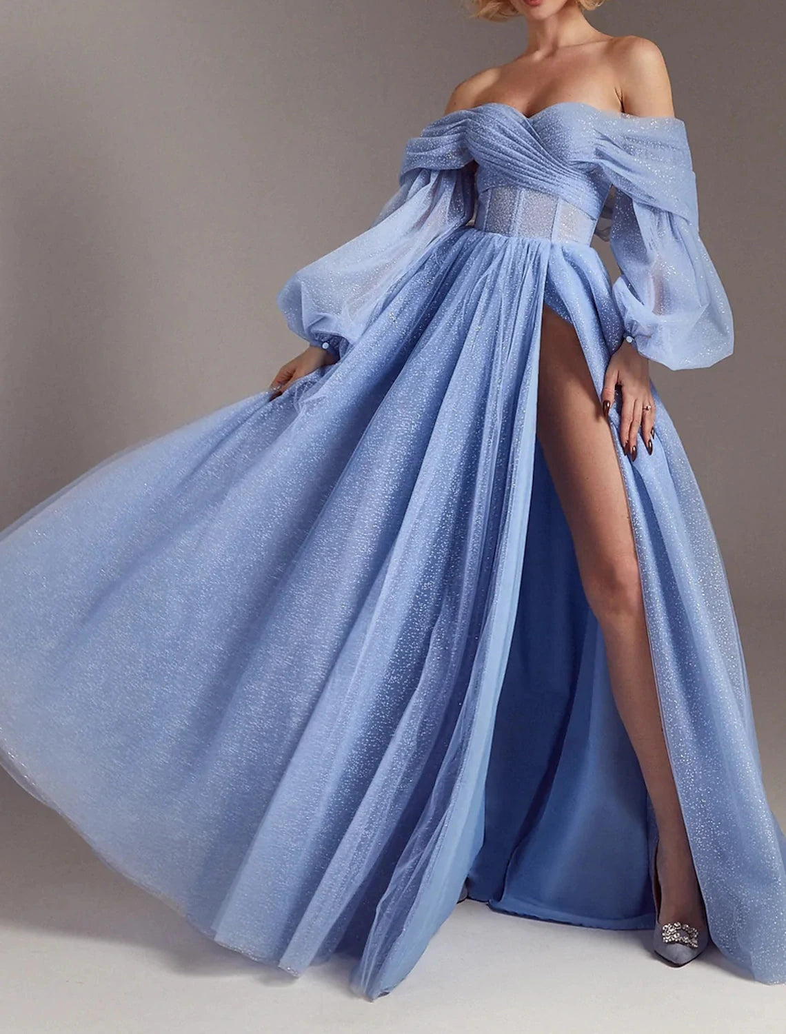 Pink Sparkling A-Line Off-Shoulder Long Sleeve Prom Gown.
