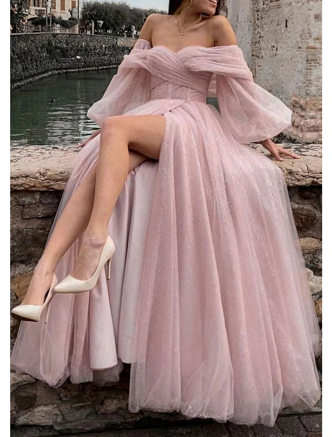 Pink Sparkling A-Line Off-Shoulder Long Sleeve Prom Gown.