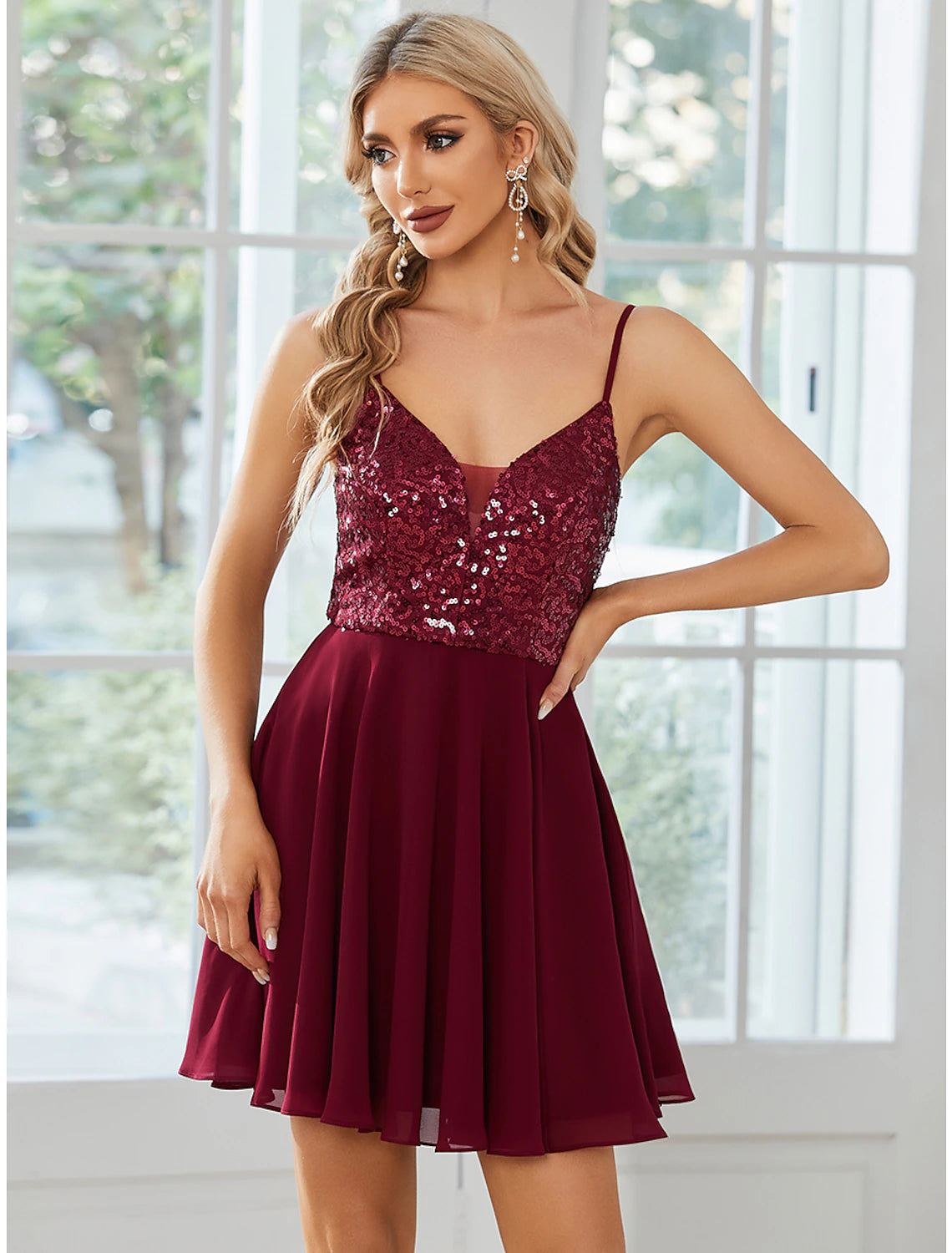 Sparkling A-Line Spaghetti Strap Pleated Sequin Short Homecoming Dress.