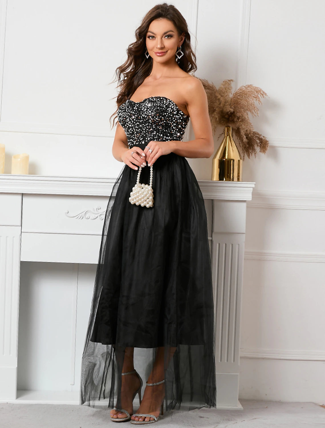 Sparkling A-Line strapless sequined vintage floor length holiday party dress.