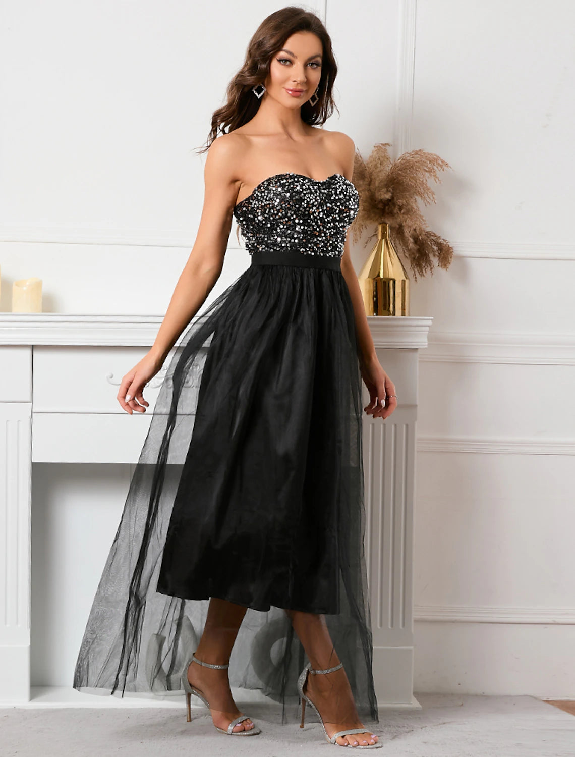 Sparkling A-Line strapless sequined vintage floor length holiday party dress.