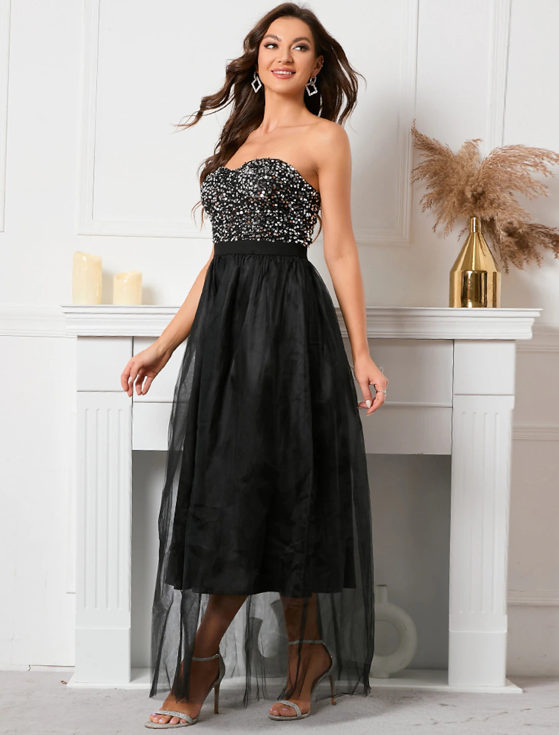 Sparkling A-Line strapless sequined vintage floor length holiday party dress.