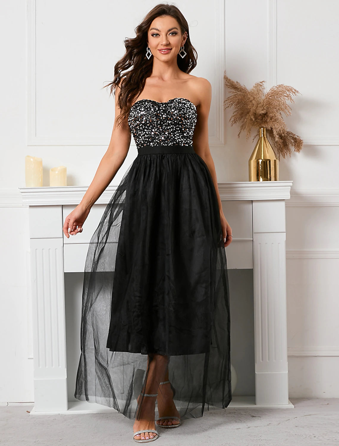 Sparkling A-Line strapless sequined vintage floor length holiday party dress.