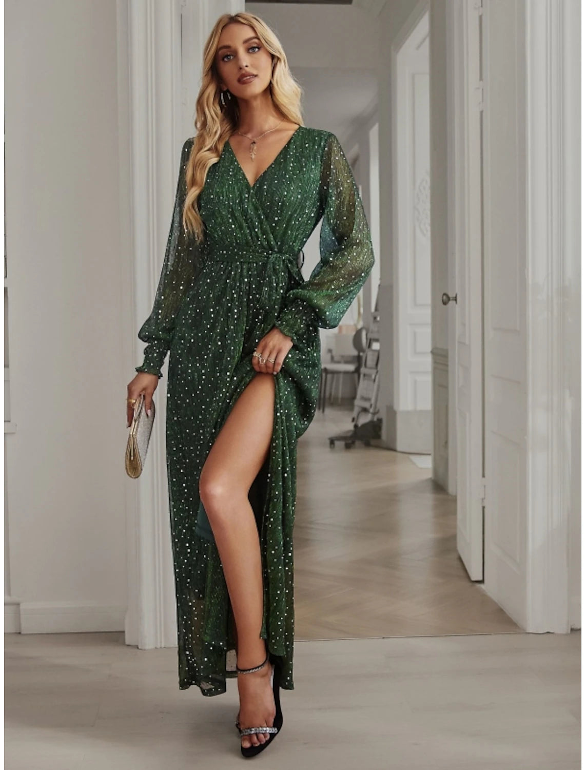 Sparkling A-Line V-Neck Long Sleeve Sequin Slit Ankle Length Party Dress.