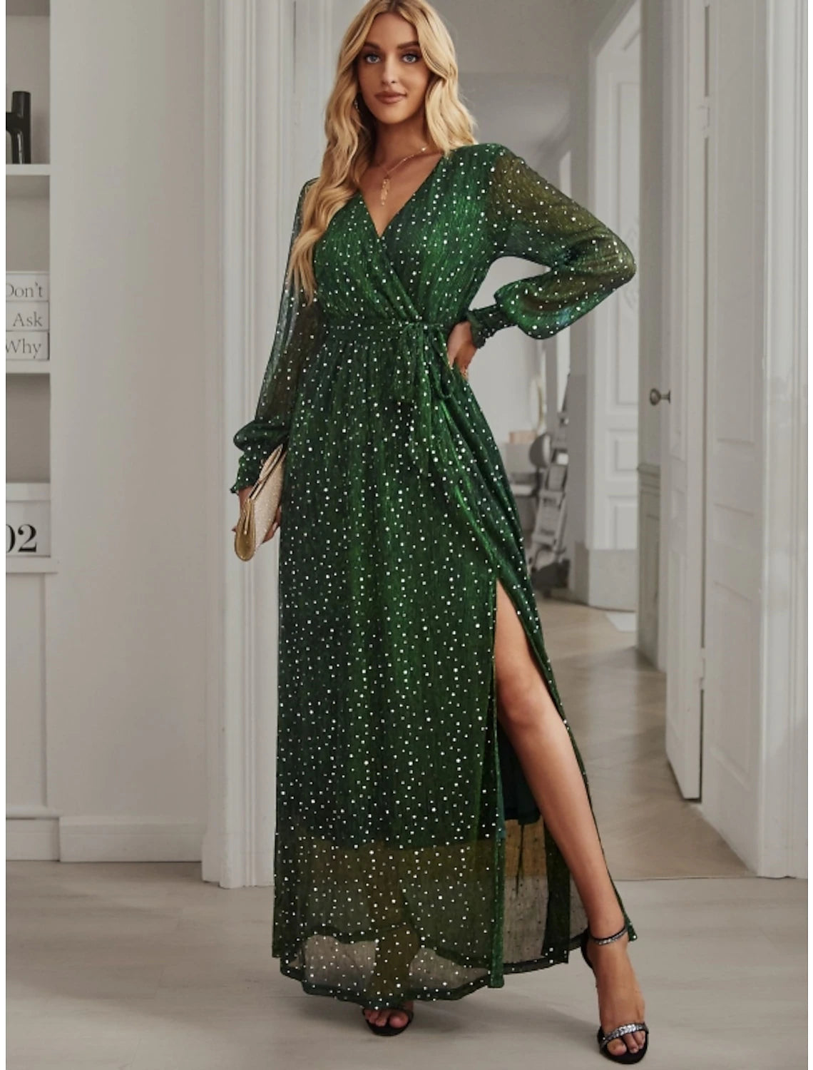 Sparkling A-Line V-Neck Long Sleeve Sequin Slit Ankle Length Party Dress.