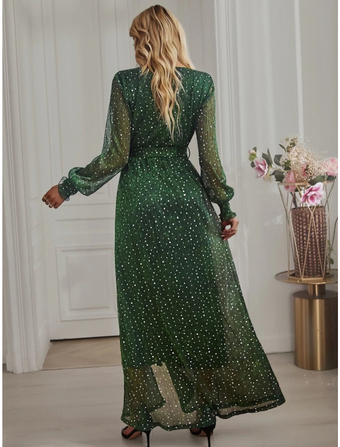 Sparkling A-Line V-Neck Long Sleeve Sequin Slit Ankle Length Party Dress.