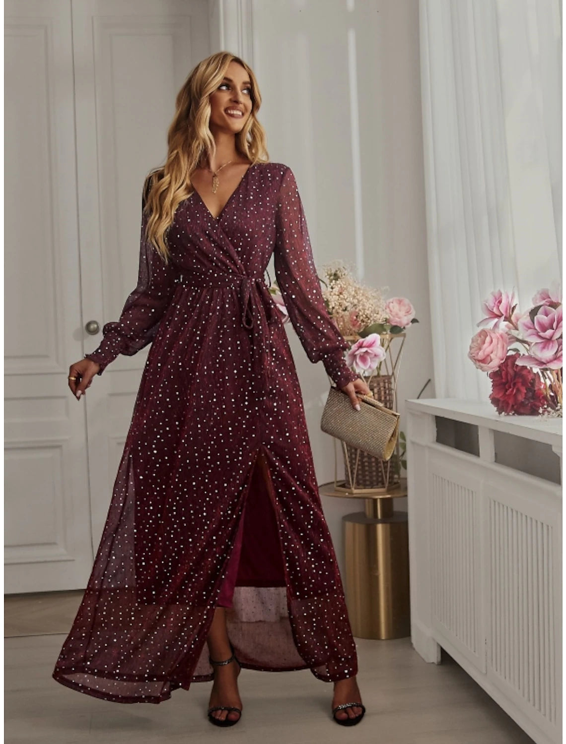 Sparkling A-Line V-Neck Long Sleeve Sequin Slit Ankle Length Party Dress.