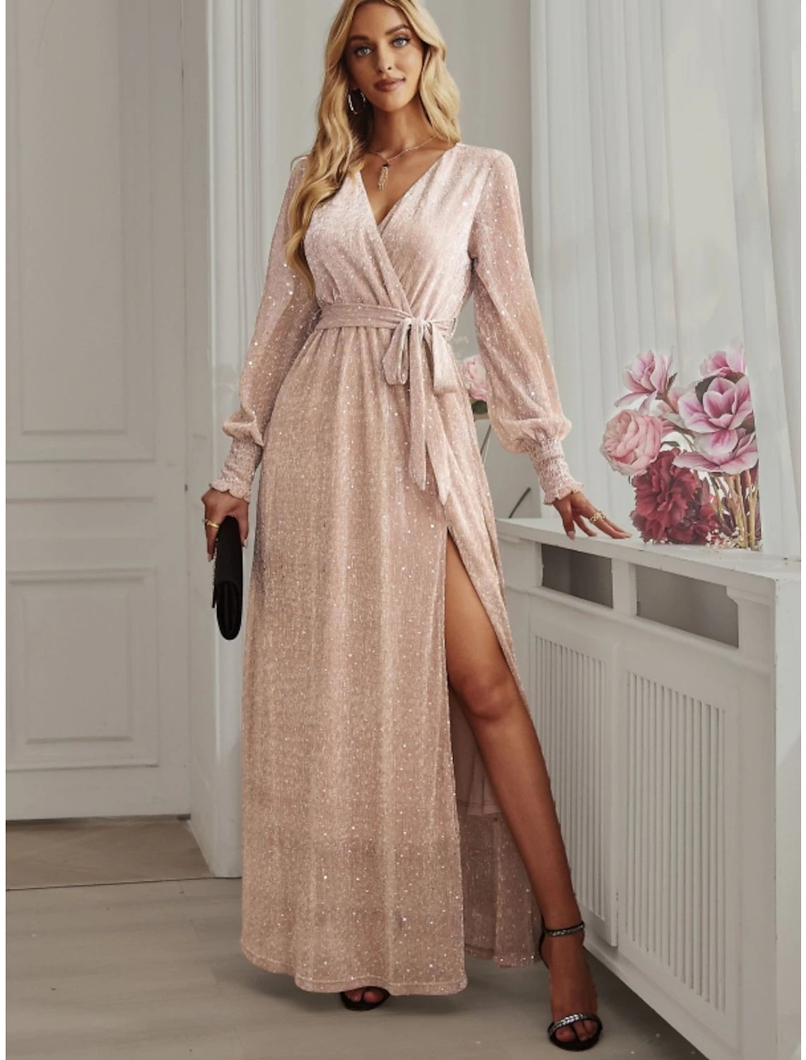 Sparkling A-Line V-Neck Long Sleeve Sequin Slit Ankle Length Party Dress.