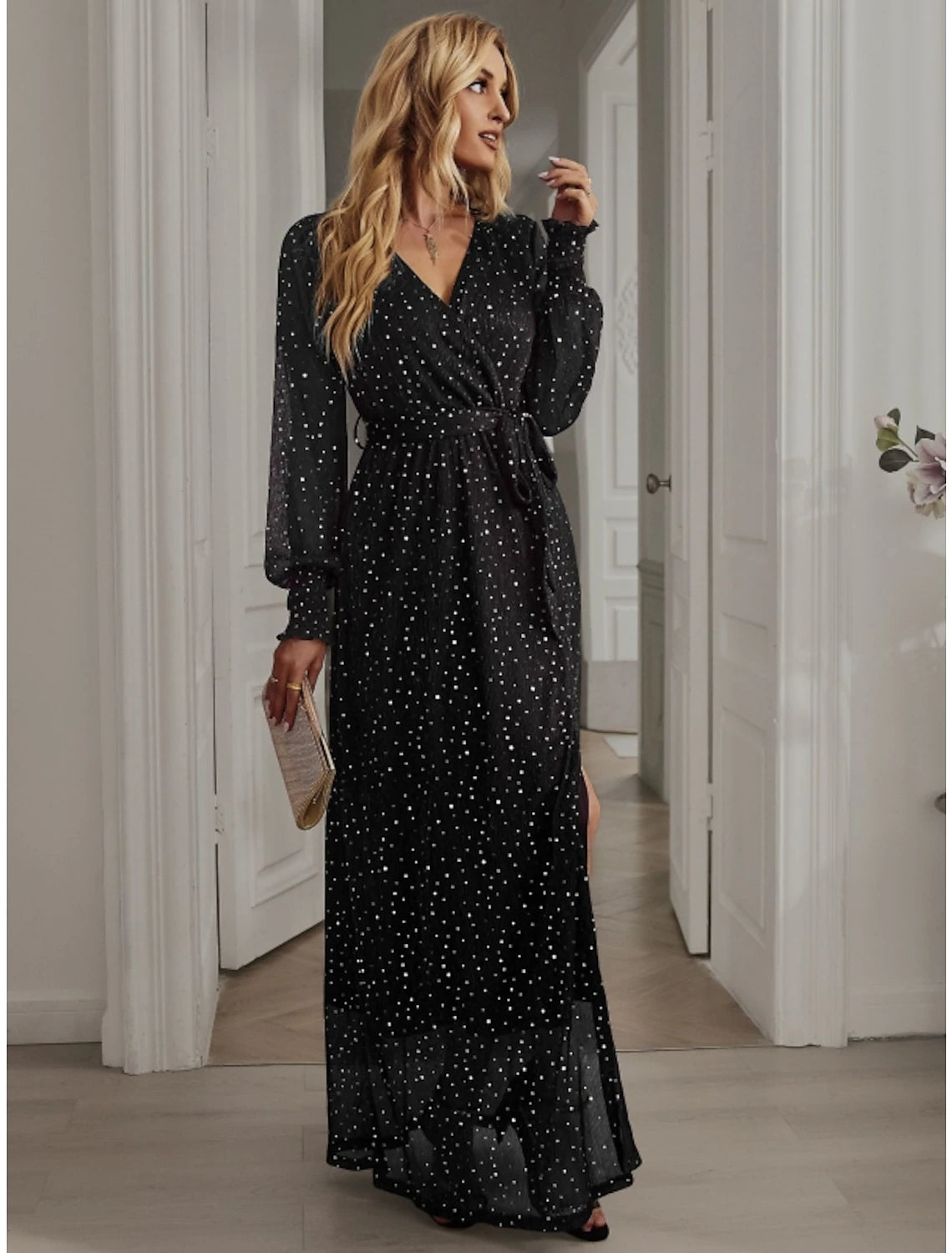 Sparkling A-Line V-Neck Long Sleeve Sequin Slit Ankle Length Party Dress.
