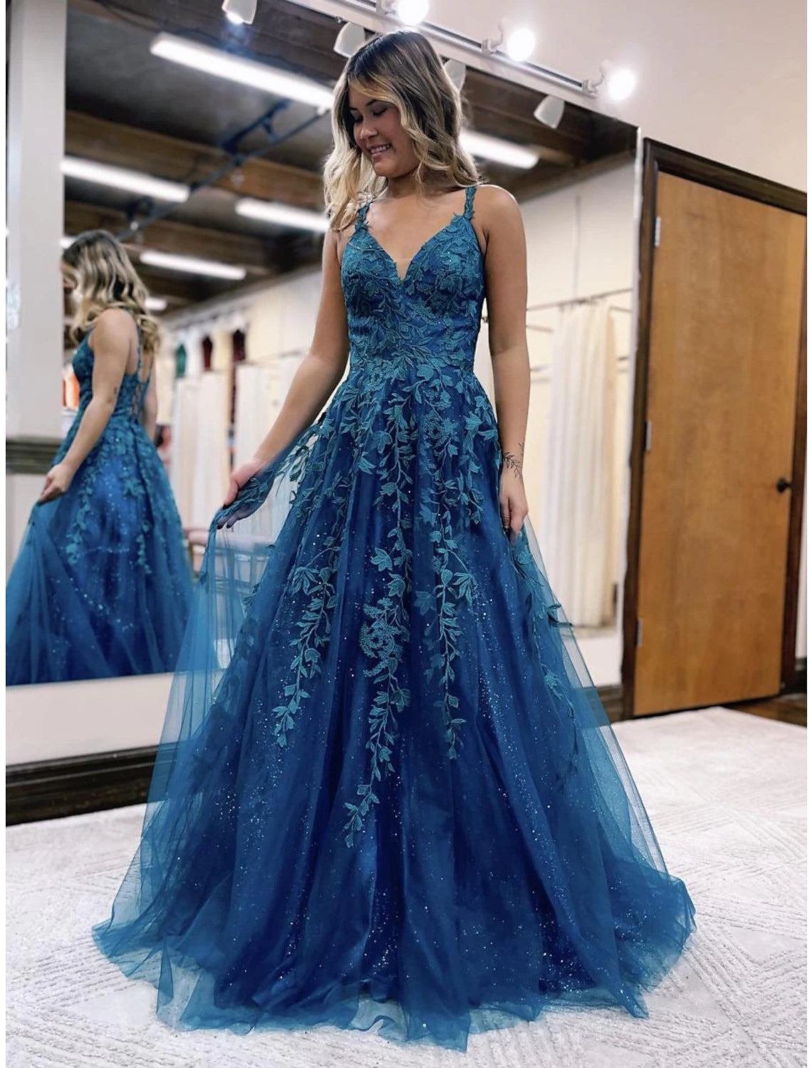 Sparkling A-Line V-Neck Tulle Ball Gown Prom Dress with Glitter Appliques.