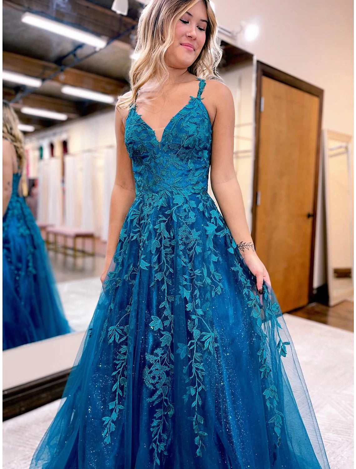 Sparkling A-Line V-Neck Tulle Ball Gown Prom Dress with Glitter Appliques.