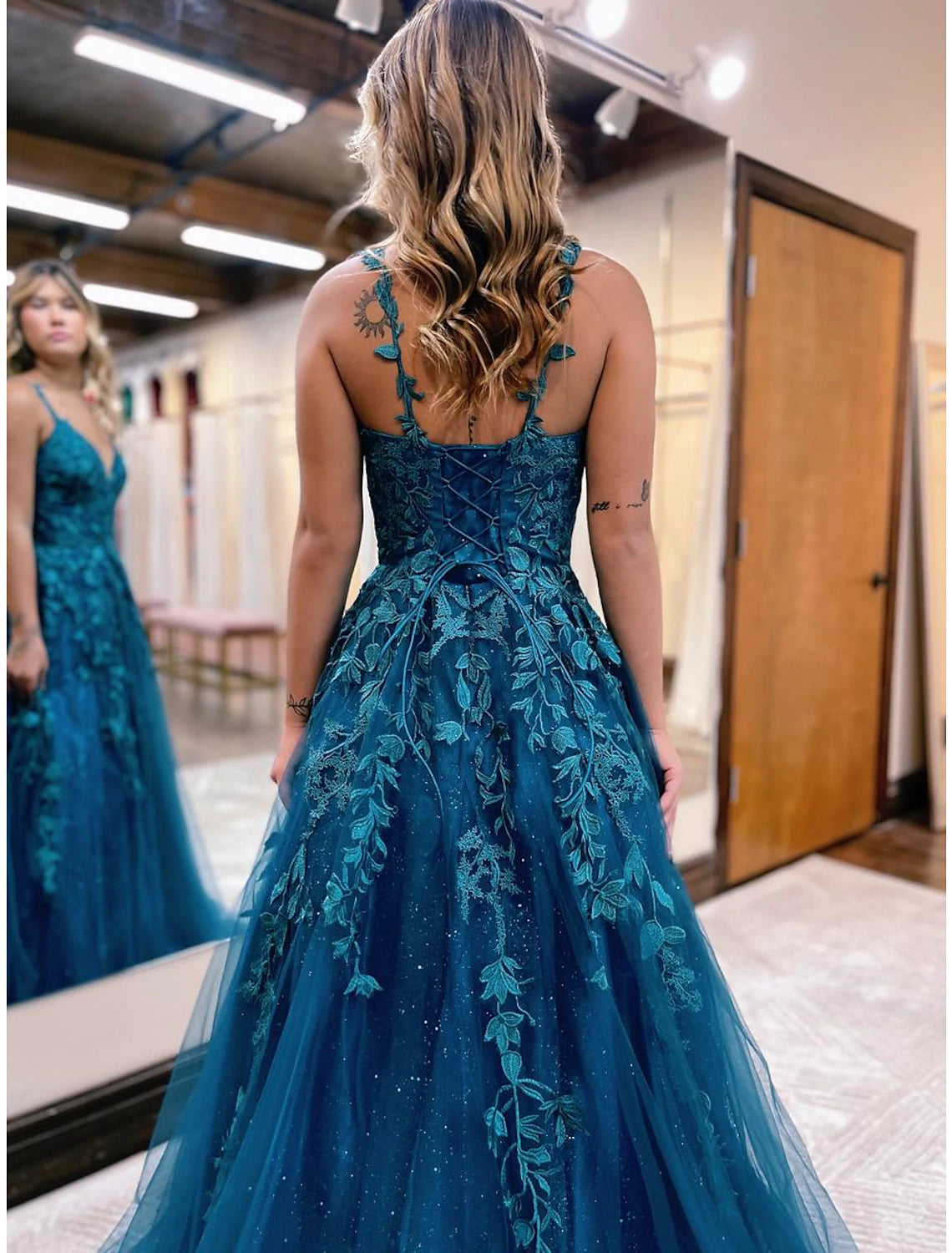 Sparkling A-Line V-Neck Tulle Ball Gown Prom Dress with Glitter Appliques.