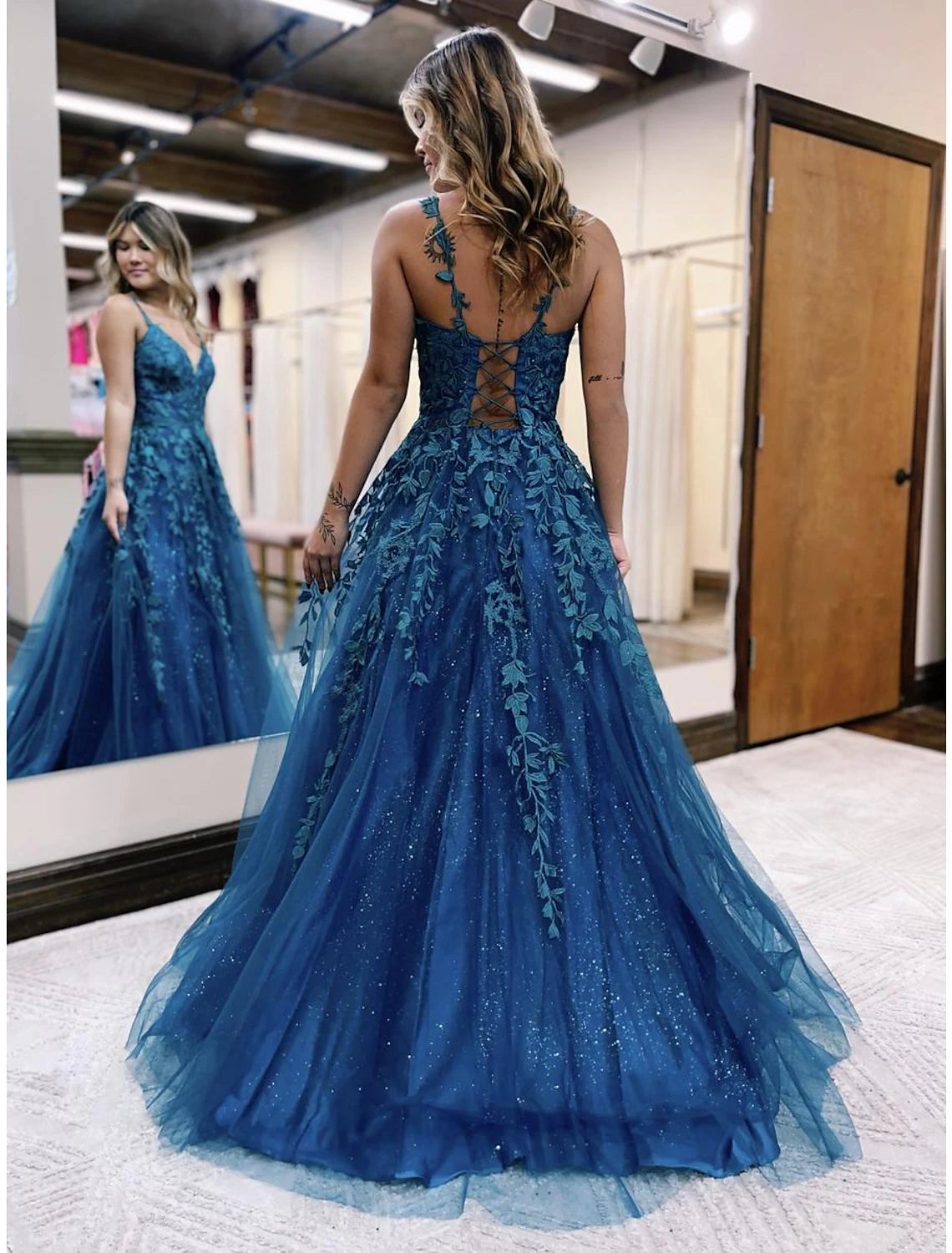 Sparkling A-Line V-Neck Tulle Ball Gown Prom Dress with Glitter Appliques.
