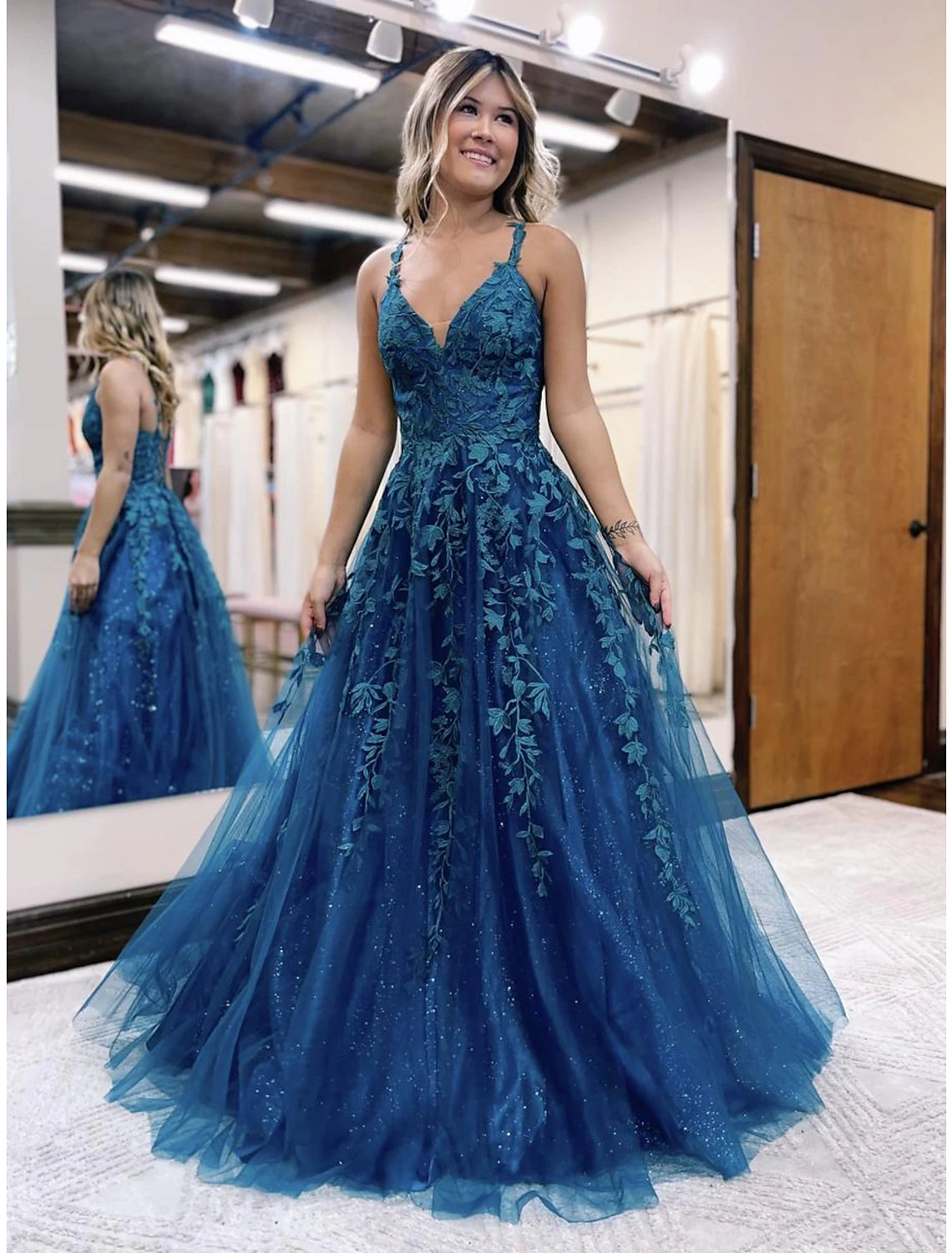 Sparkling A-Line V-Neck Tulle Ball Gown Prom Dress with Glitter Appliques.