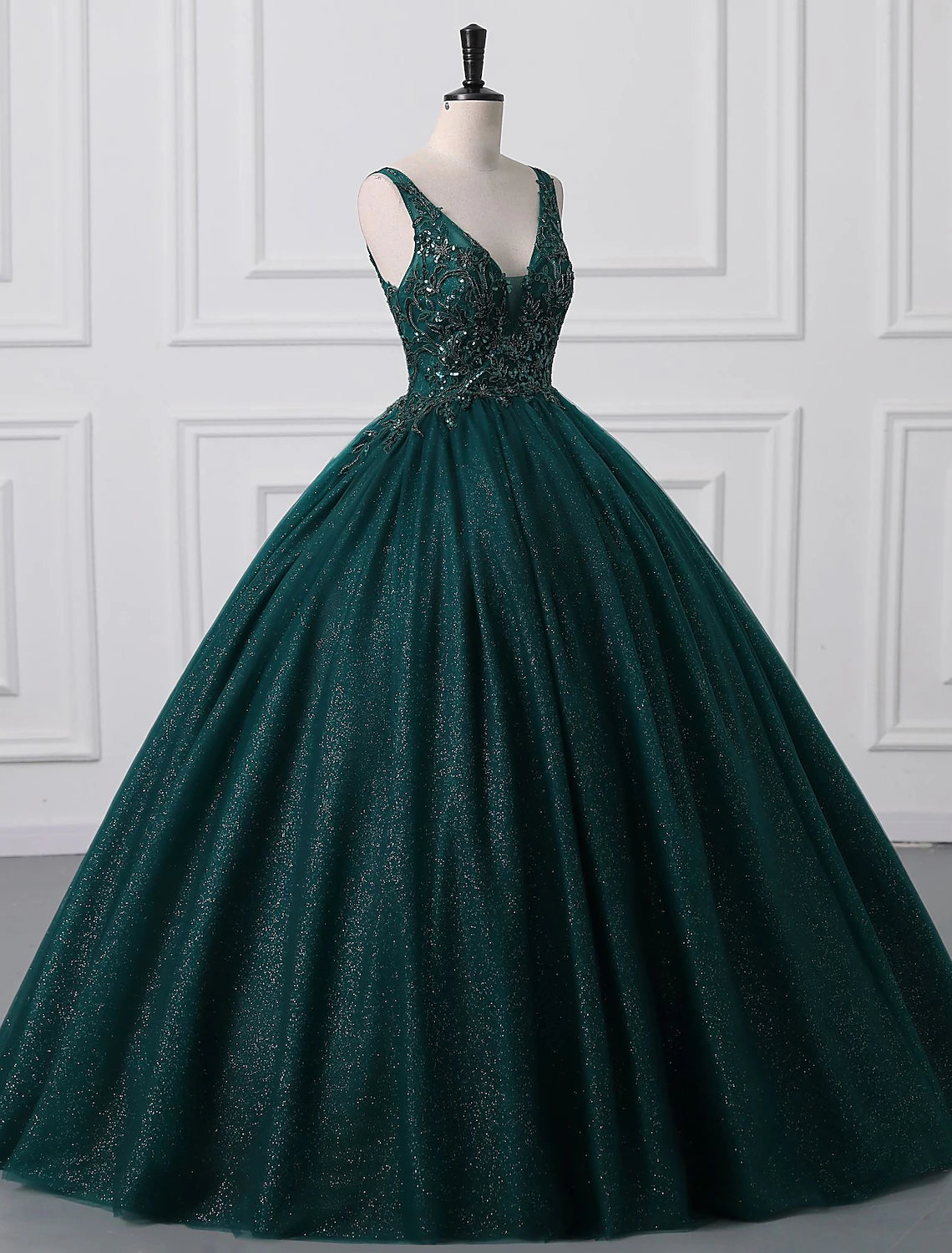 Sparkling Sequin Ball Gown V-Neck Floor Length Prom Quinceanera Dress.