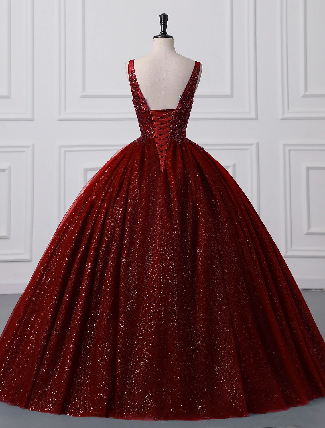 Sparkling Sequin Ball Gown V-Neck Floor Length Prom Quinceanera Dress.