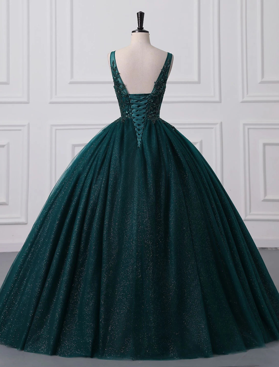 Sparkling Sequin Ball Gown V-Neck Floor Length Prom Quinceanera Dress.