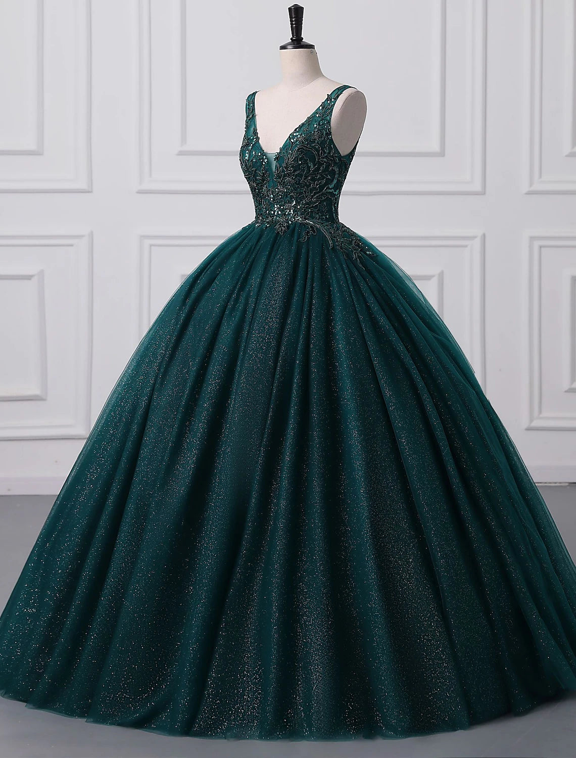 Sparkling Sequin Ball Gown V-Neck Floor Length Prom Quinceanera Dress.