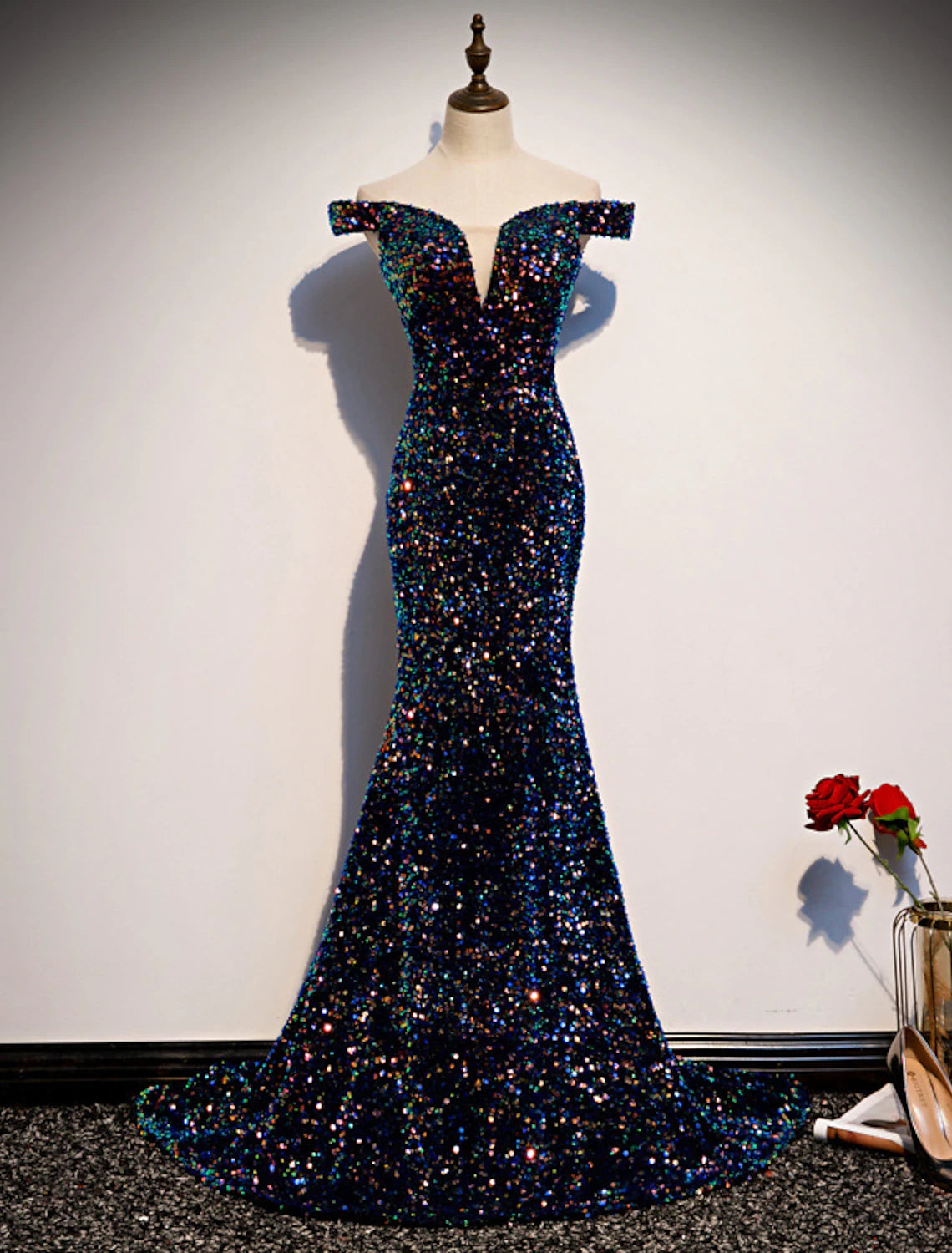 Sparkling Sequined Off Shoulder Mermaid Mother of the Bride Gown.