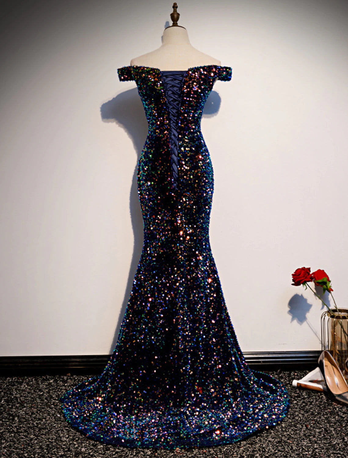 Sparkling Sequined Off Shoulder Mermaid Mother of the Bride Gown.